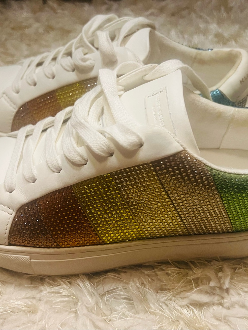 White Low-Top Sneakers with Gradient Metallic Accent by Kurt Geiger